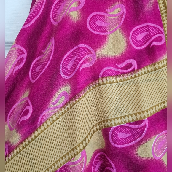 Silk Sari Wrap Skirt, TEA length, regular one size fits most. Pink, beige, gold - Picture 3 of 7